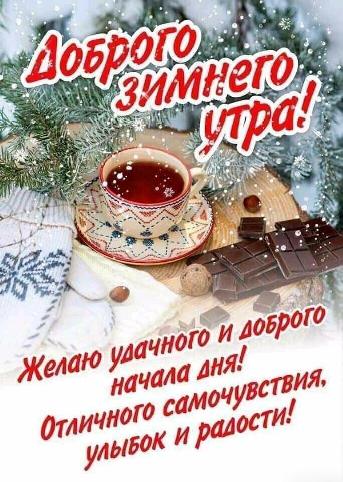 Открытка с добрым зимним утром. Пожелания, чашка, еловые веточки, шоколад.