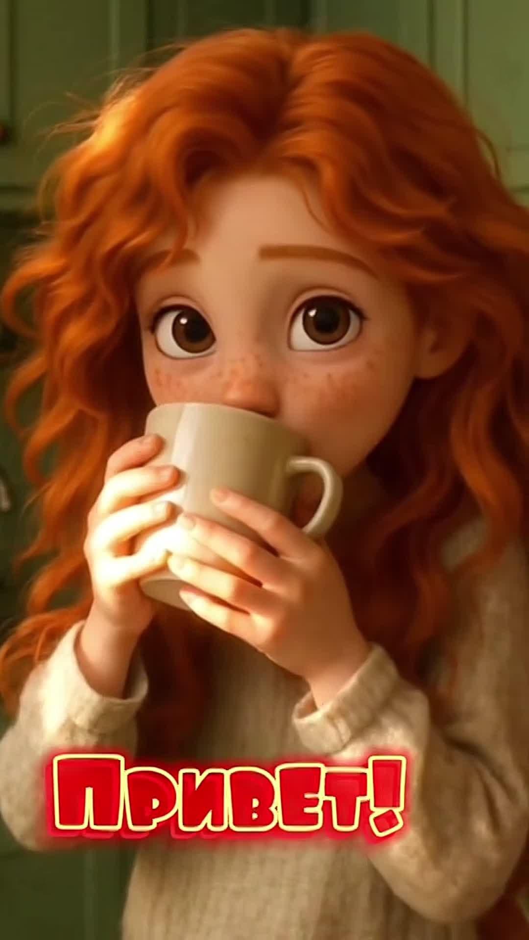 Открытка с добрым утром. Привет. Девочка с чашкой.