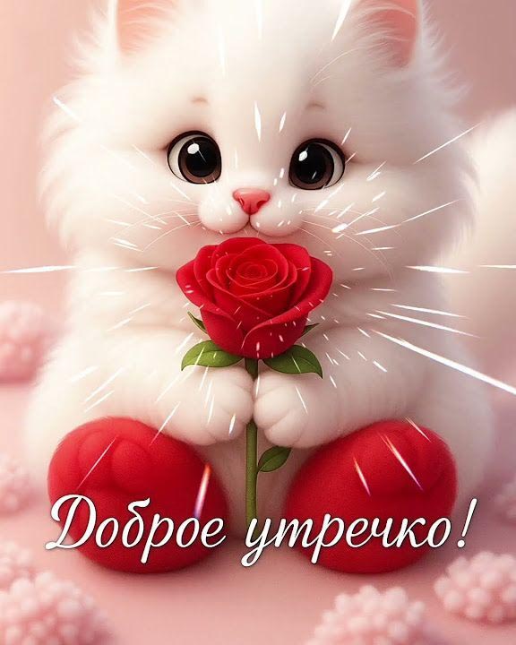 Открытка с добрым утром. Котенок с красной розой. Открытка с добрым утром. Котенок с красной розой.