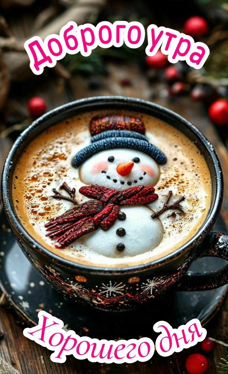 Открытка с добрым зимним новогодним утром. Чашка со снеговиком.