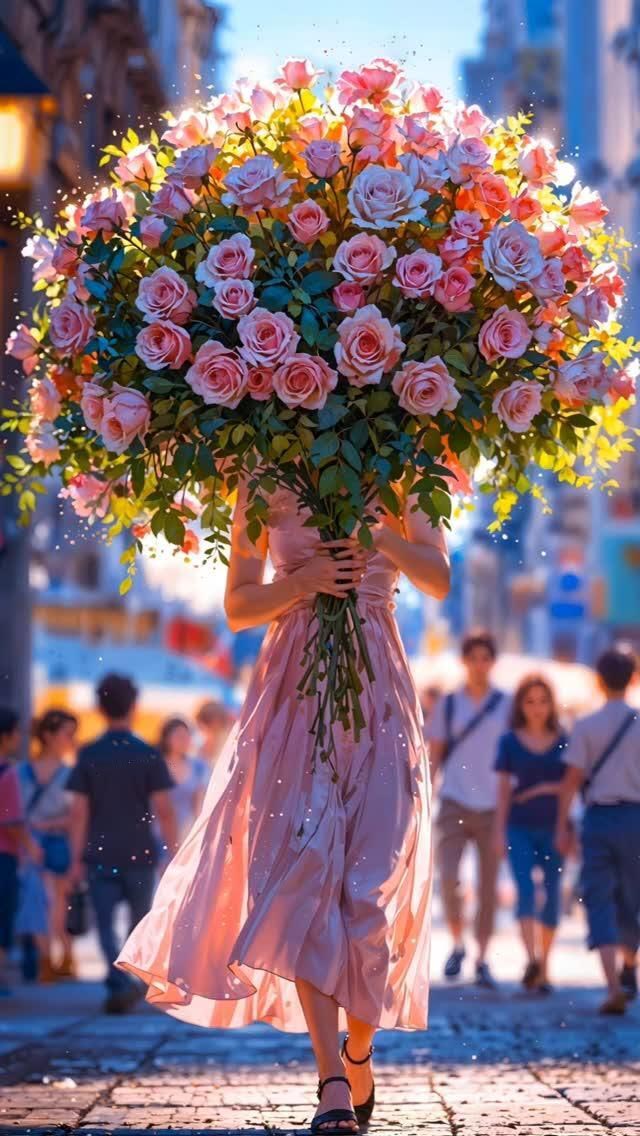 Открытка с днем рождения. Без текста. Девушка с цветами.