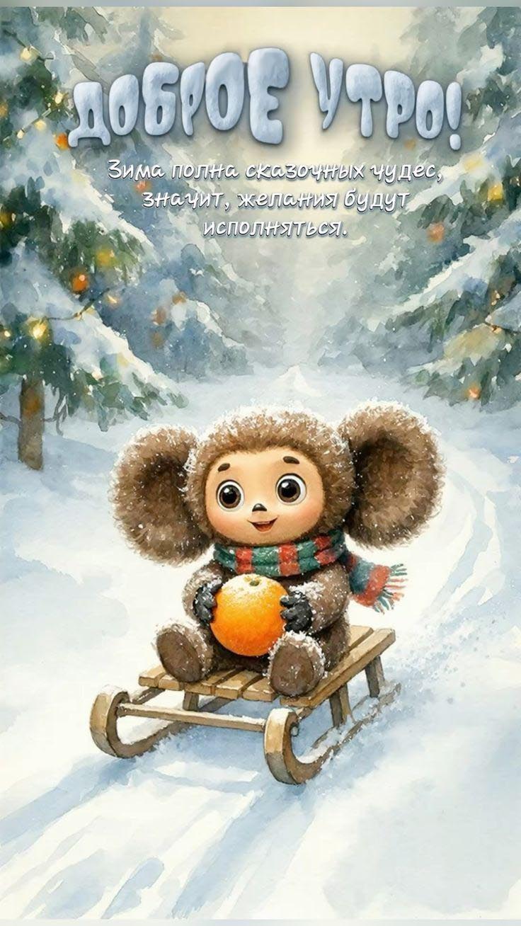 Открытка с добрым зимним утром. Пожелания, Чебурашка на санках в зимнем лесу.