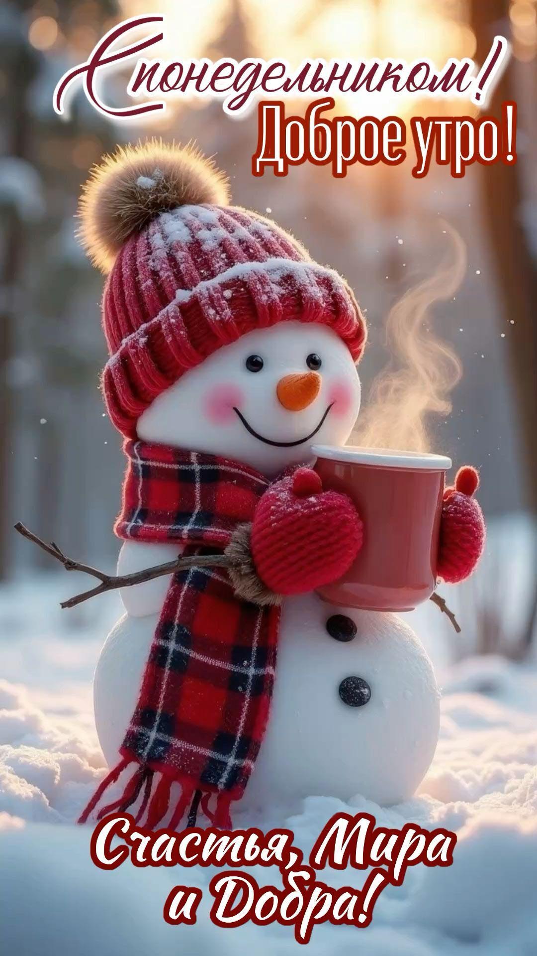 Открытка на понедельник. С зимним добрым утром. Снеговичок с чашкой. Пожелания.