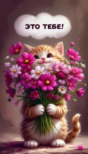 Открытка с добрым утром. Это тебе. Котик с цветами.