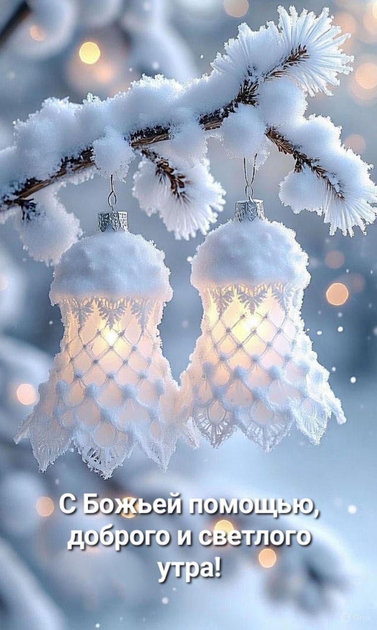 Открытка с добрым зимним утром христианская. Заснеженная ветка с фонариками.