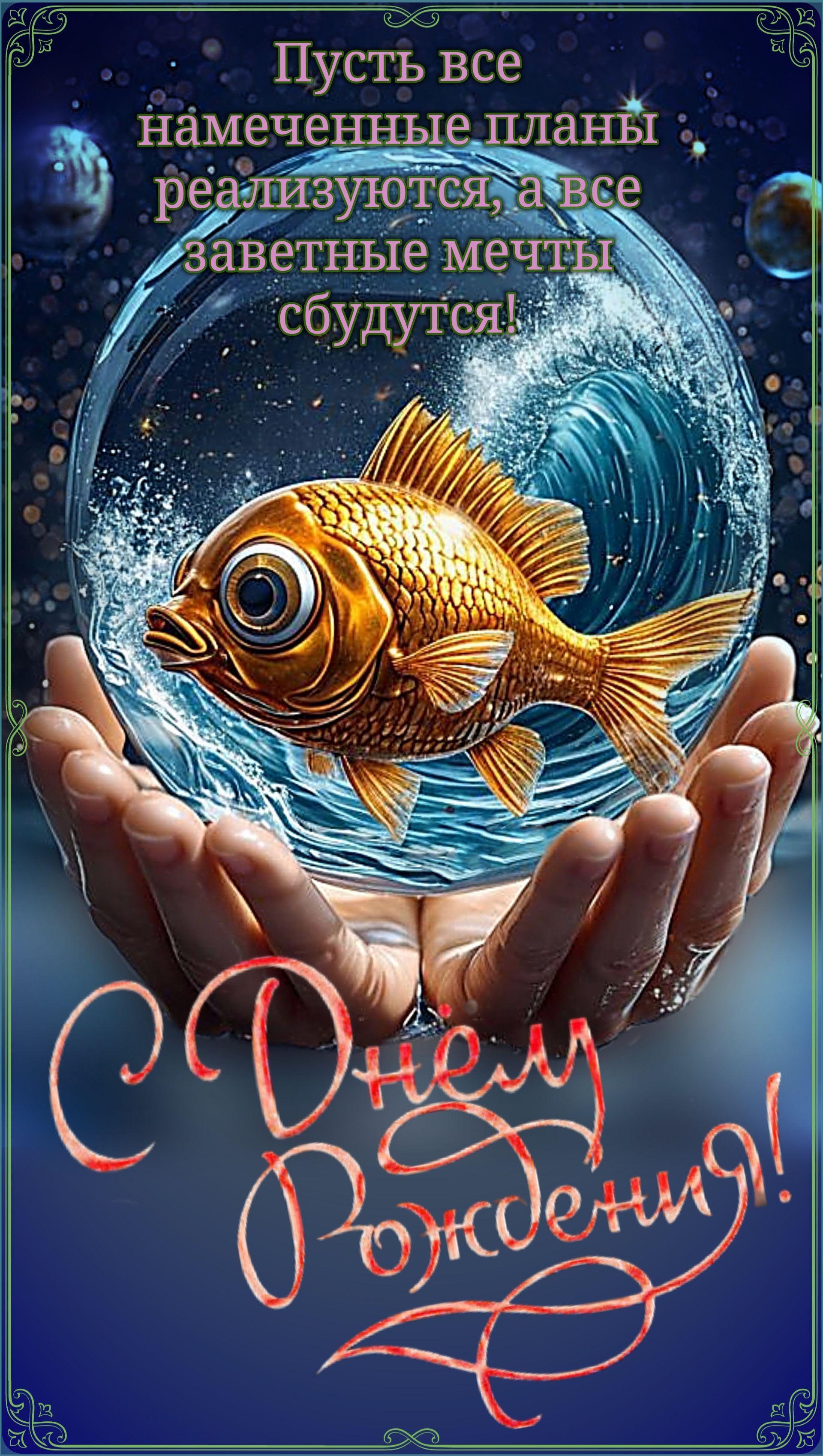 Открытка с днем рождения женщина. Пожелания, золотая рыбка в руках.