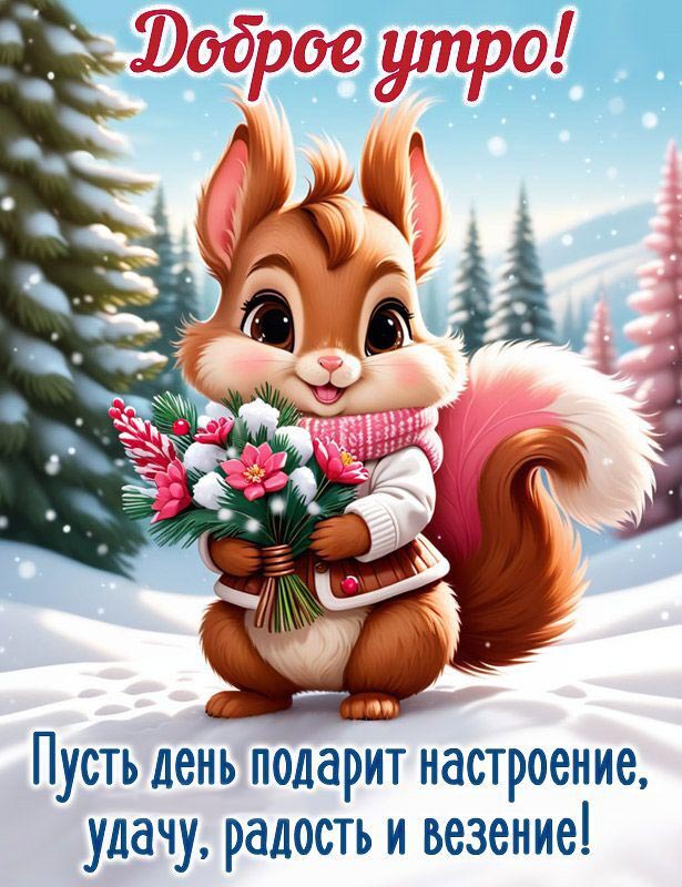 Открытка с добрым зимним утром. Белочка с цветами в зимнем лесу.