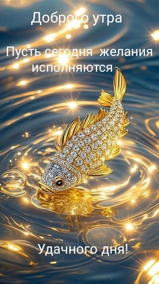 Открытка с добрым утром. Золотая рыбка и пожелания.