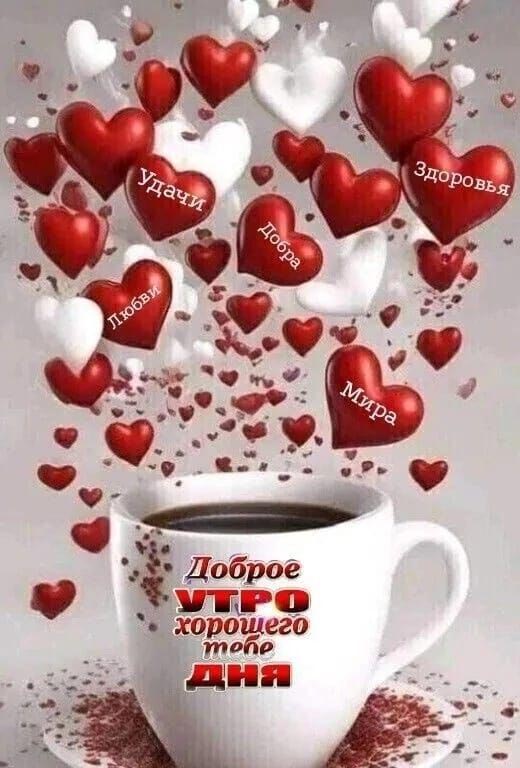 Открытка с добрым утром. Чашка и пожелания на сердечках. Открытка с добрым утром. Чашка и пожелания на сердечках.