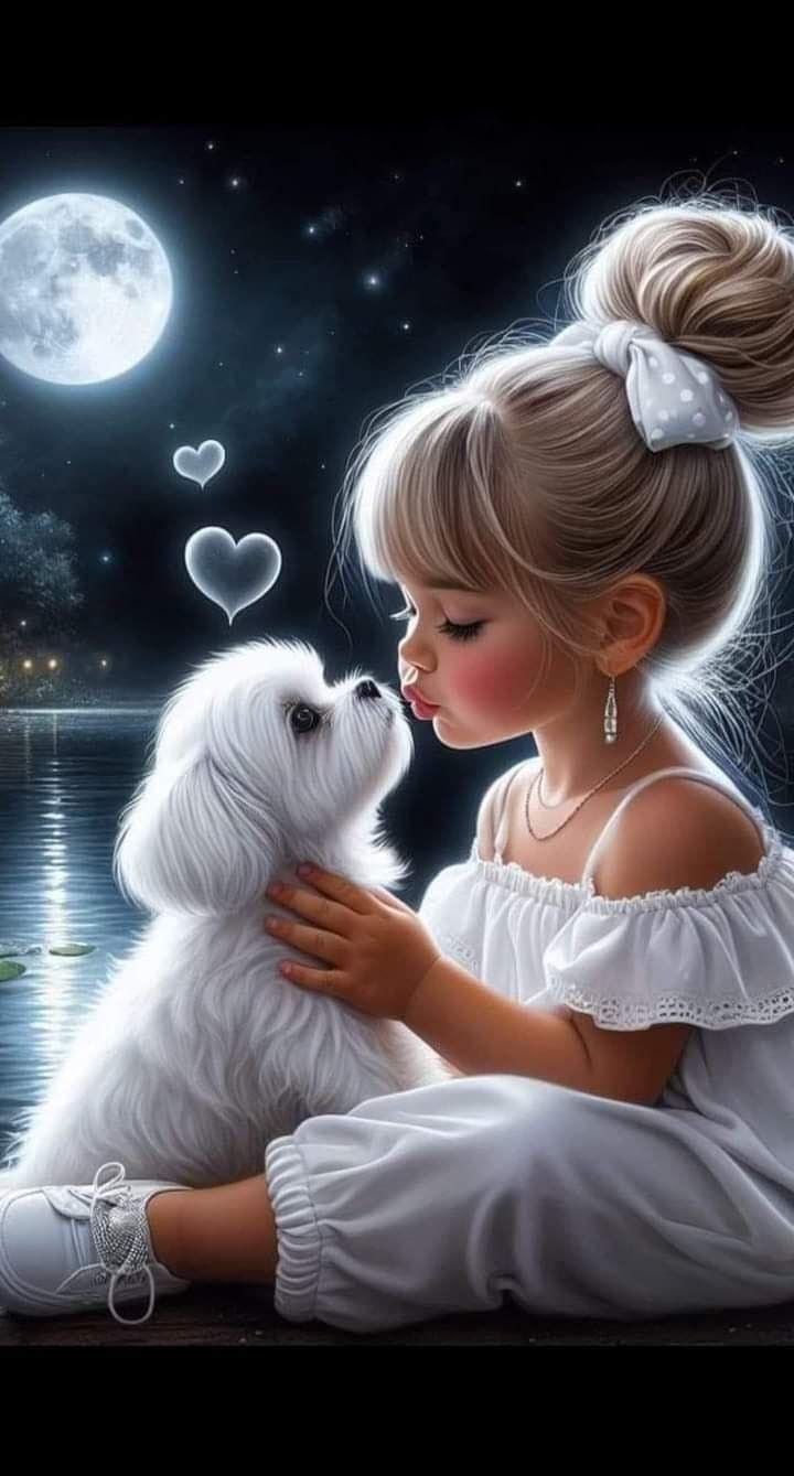 Открытка спокойной ночи. Девочка с собачкой и луна. Без текста.