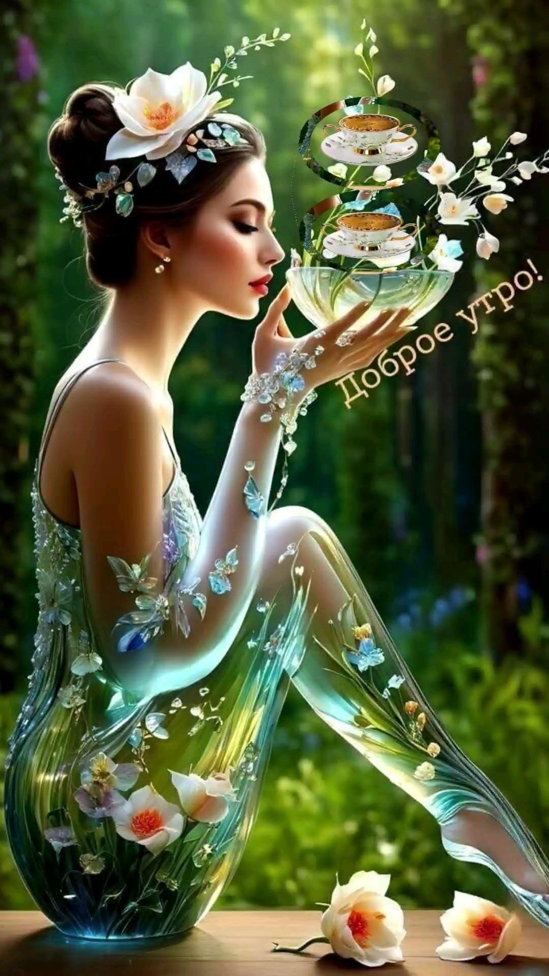 Открытка с добрым утром. Сказочная девушка, цветы.