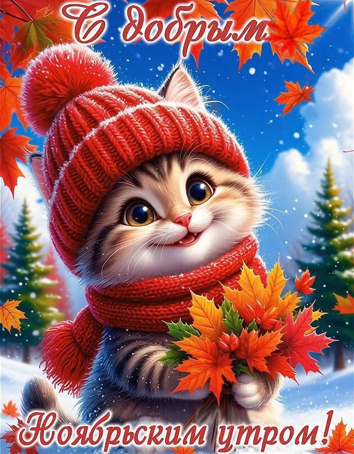 Открытка с добрым ноябрьским утром. Котик с осенними листьями, снег.