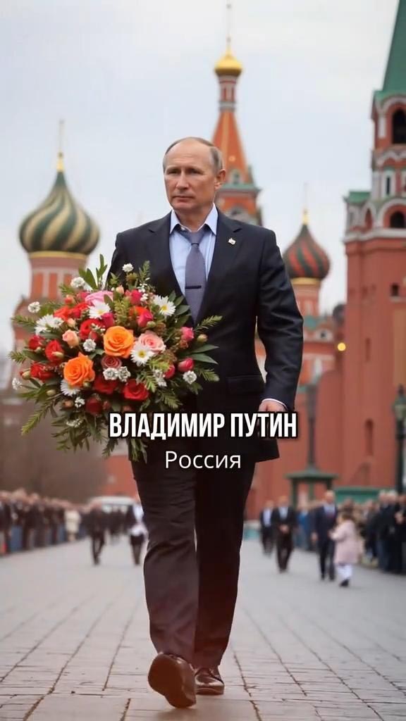 Открытка с днем рождения. Путин с цветами на Красной Площади.