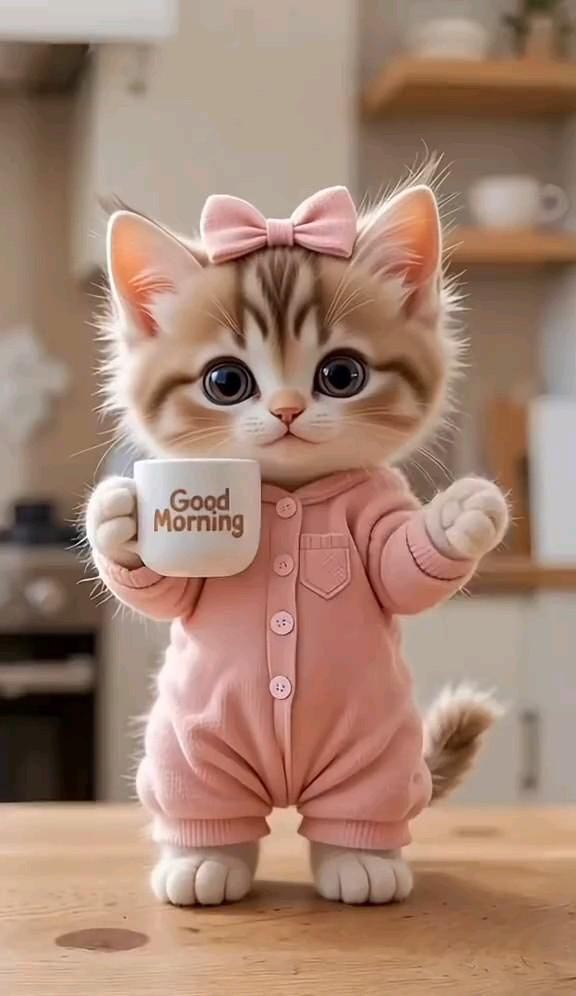 Открытка с добрым утром. Без текста. Котенок в розовом костюмчике.
