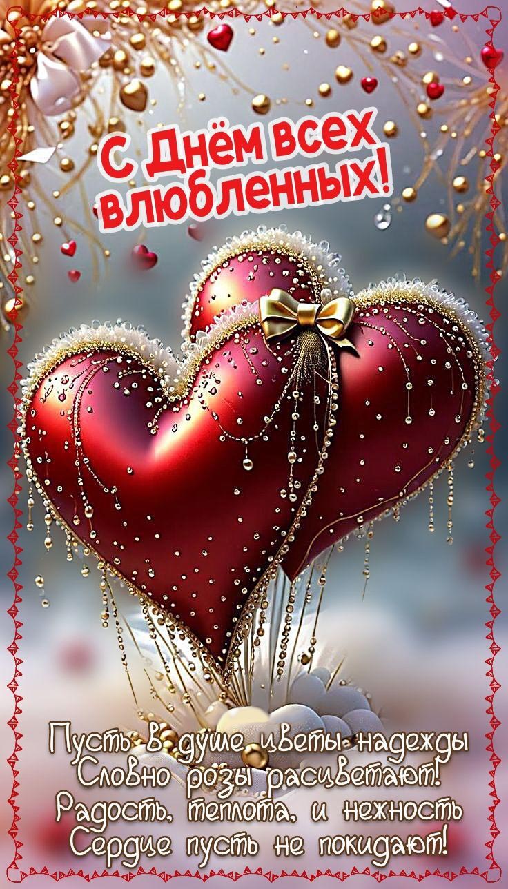 Открытка с днем Святого Валентина 14 февраля. Сердечки и пожелания.