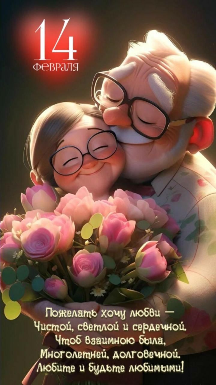 Открытка с днем Святого Валентина 14 февраля. Пожилая пара, пожелания.