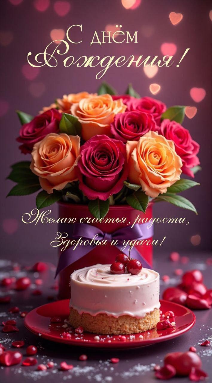 Открытка с днем рождения женщина. Розы, пожелания, торт.