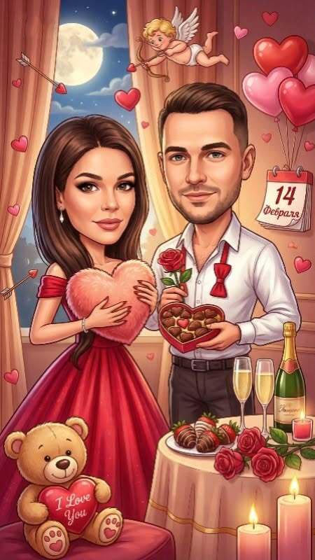 Открытка с днем Святого Валентина 14 февраля. Семейная пара, накрытый стол, ангелочек.