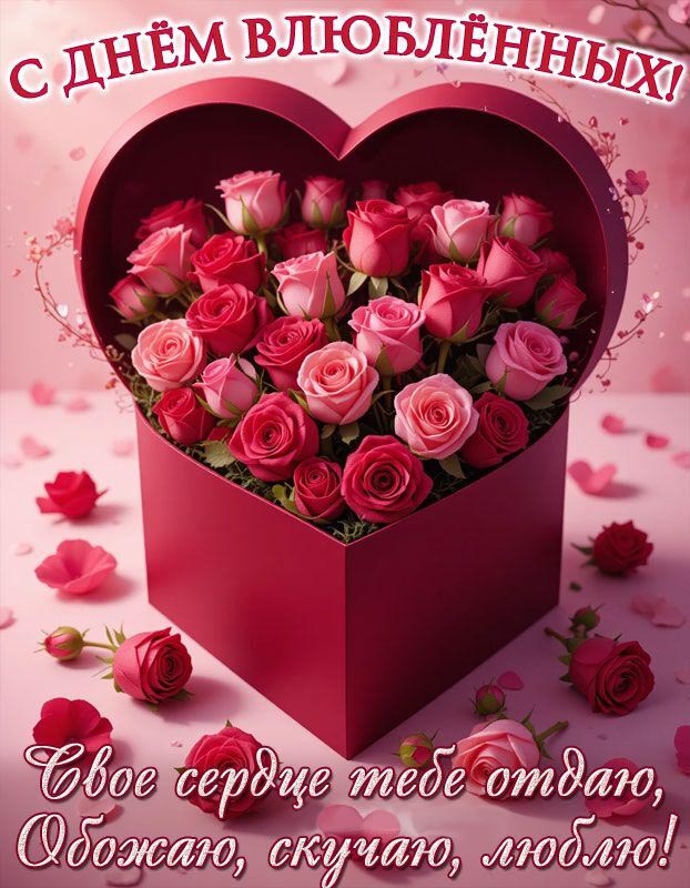 Открытка с днем Святого Валентина 14 февраля. Коробка с цветами, пожелания.