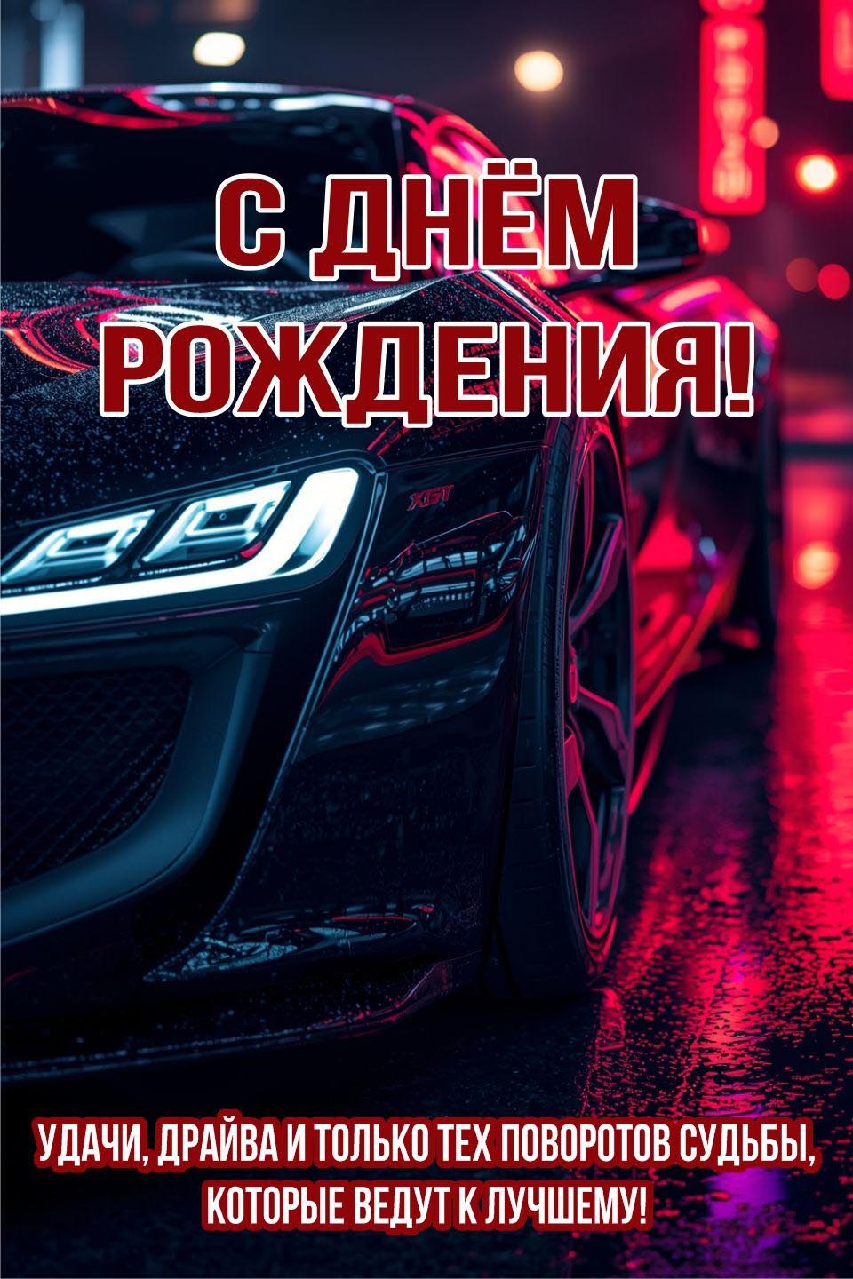 Открытка с днем рождения мужчина. Автомобиль и пожелания.