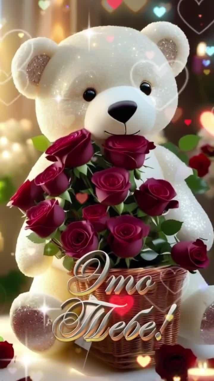 Открытка с днем Святого Валентина 14 февраля. Это тебе. Мишка с розами.