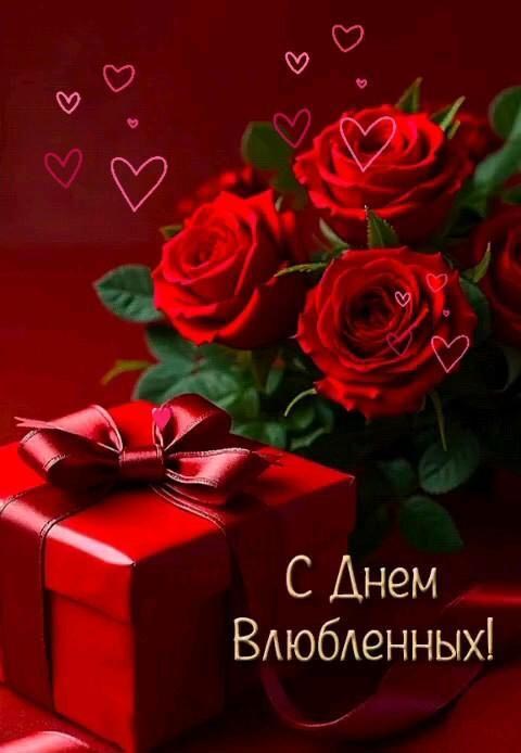 Открытка с днем Святого Валентина 14 февраля. Цветы и подарок.