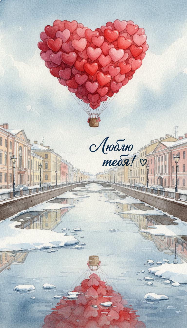 Открытка с днем Святого Валентина 14 февраля. Люблю тебя! Город зимой. Шар из сердечек.