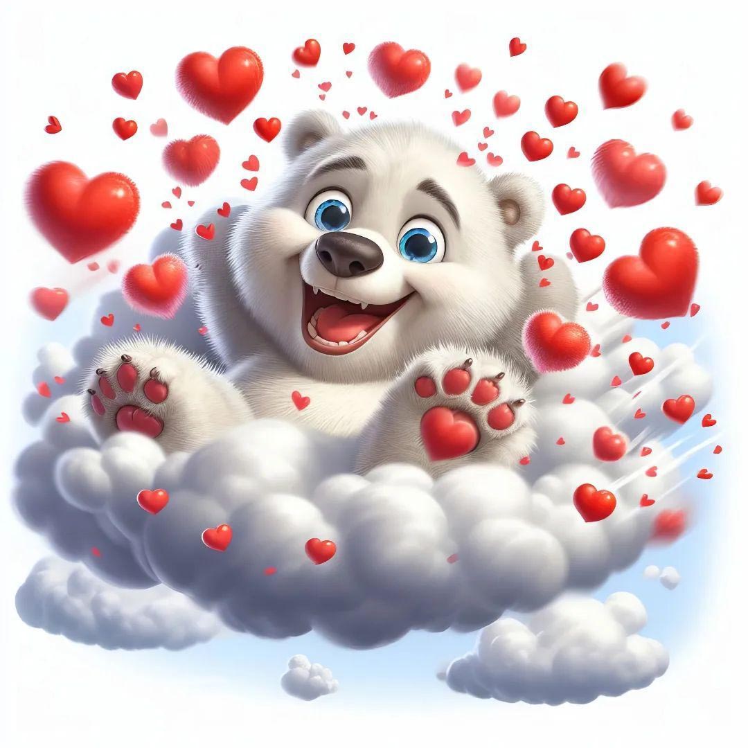 Открытка с днем Святого Валентина 14 февраля. Без текста. Мишка с сердечками в облаках.