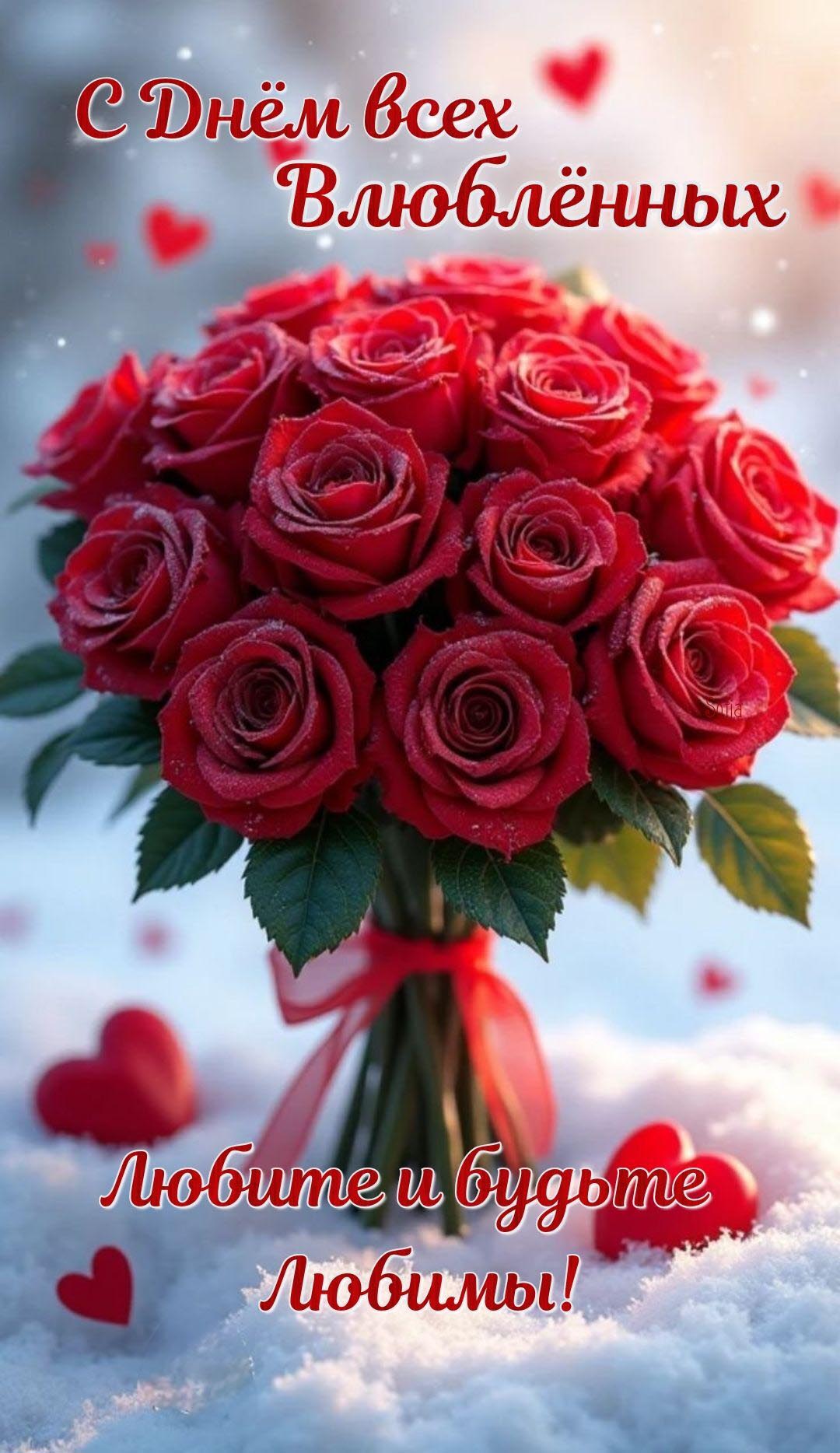Открытка с днем Святого Валентина 14 февраля. Пожелания и красные розы.