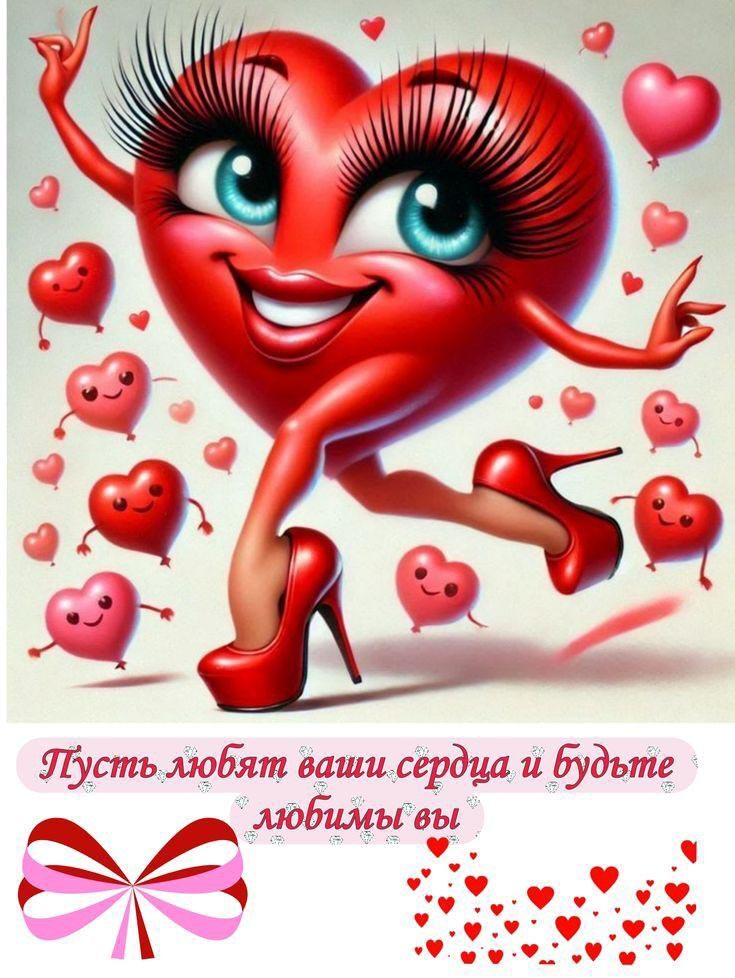 Открытка с днем Святого Валентина 14 февраля прикольная. Сердечко бежит в женских туфлях, пожелания.