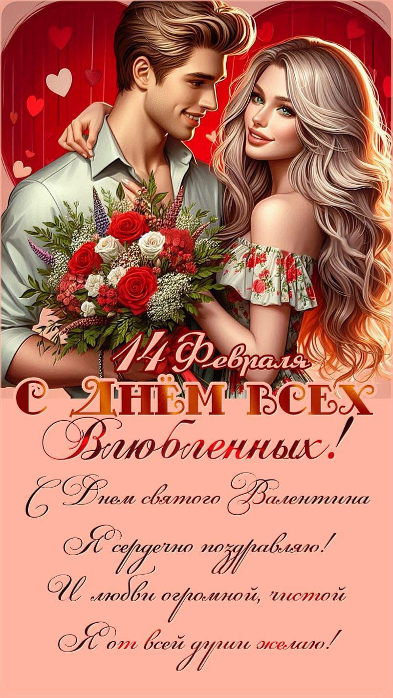 Открытка с днем Святого Валентина 14 февраля современная стильная. Красивые парень с девушкой. Пожелания.