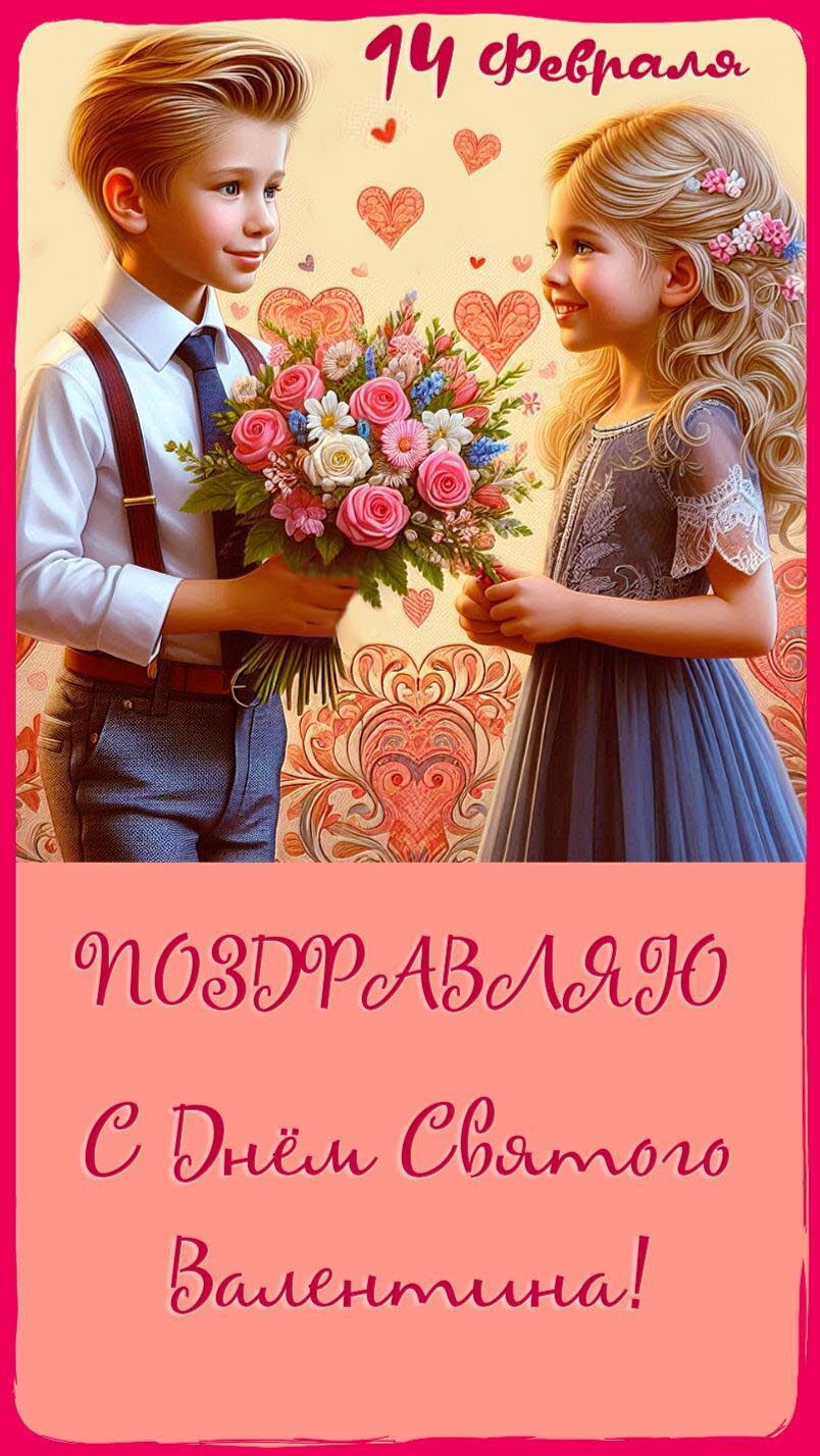 Открытка с днем Святого Валентина 14 февраля современная стильная. Мальчик дарит девочке цветы.