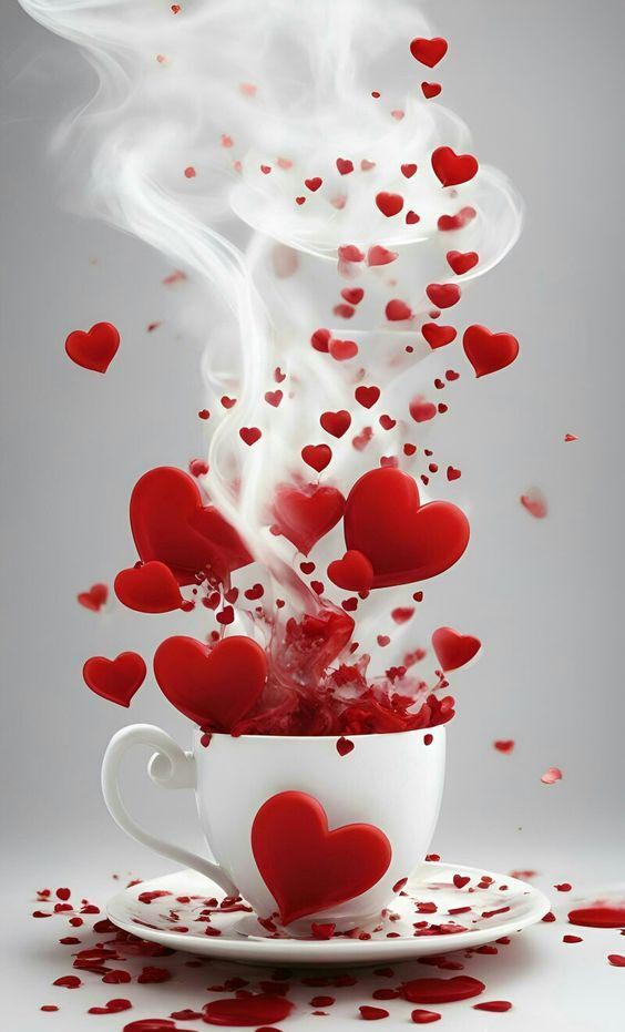 Открытка с днем Святого Валентина 14 февраля. Чашка с сердечками. Без текста.