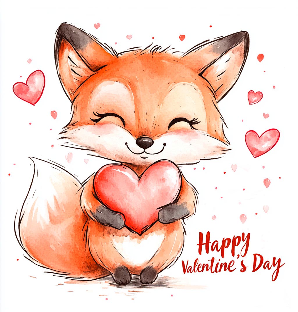 Открытка с днем Святого Валентина 14 февраля. Happy Valentine`s Day. Лисичка с сердечком.