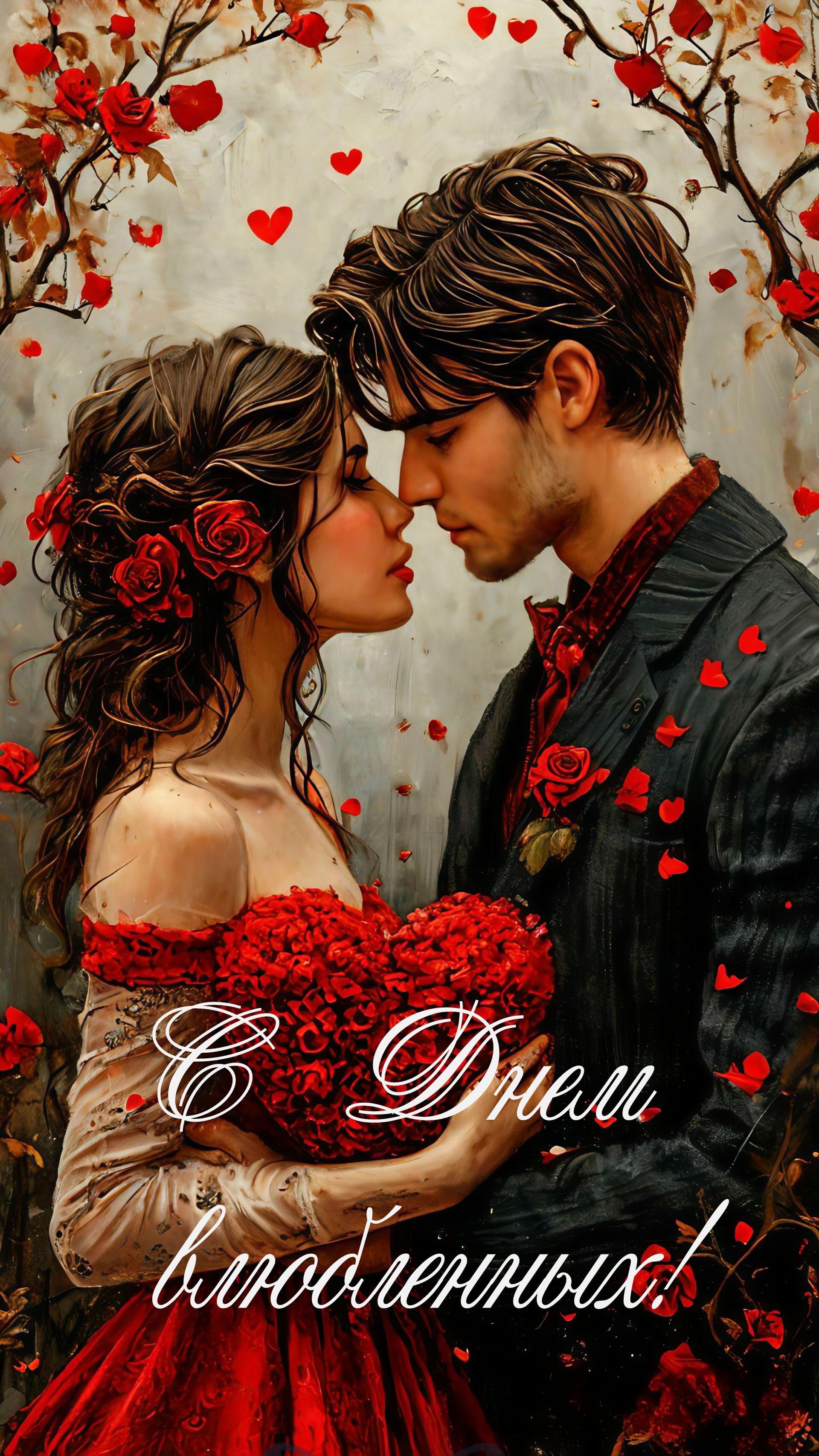 Открытка с днем Святого Валентина 14 февраля. Парень с девушкой, цветы.