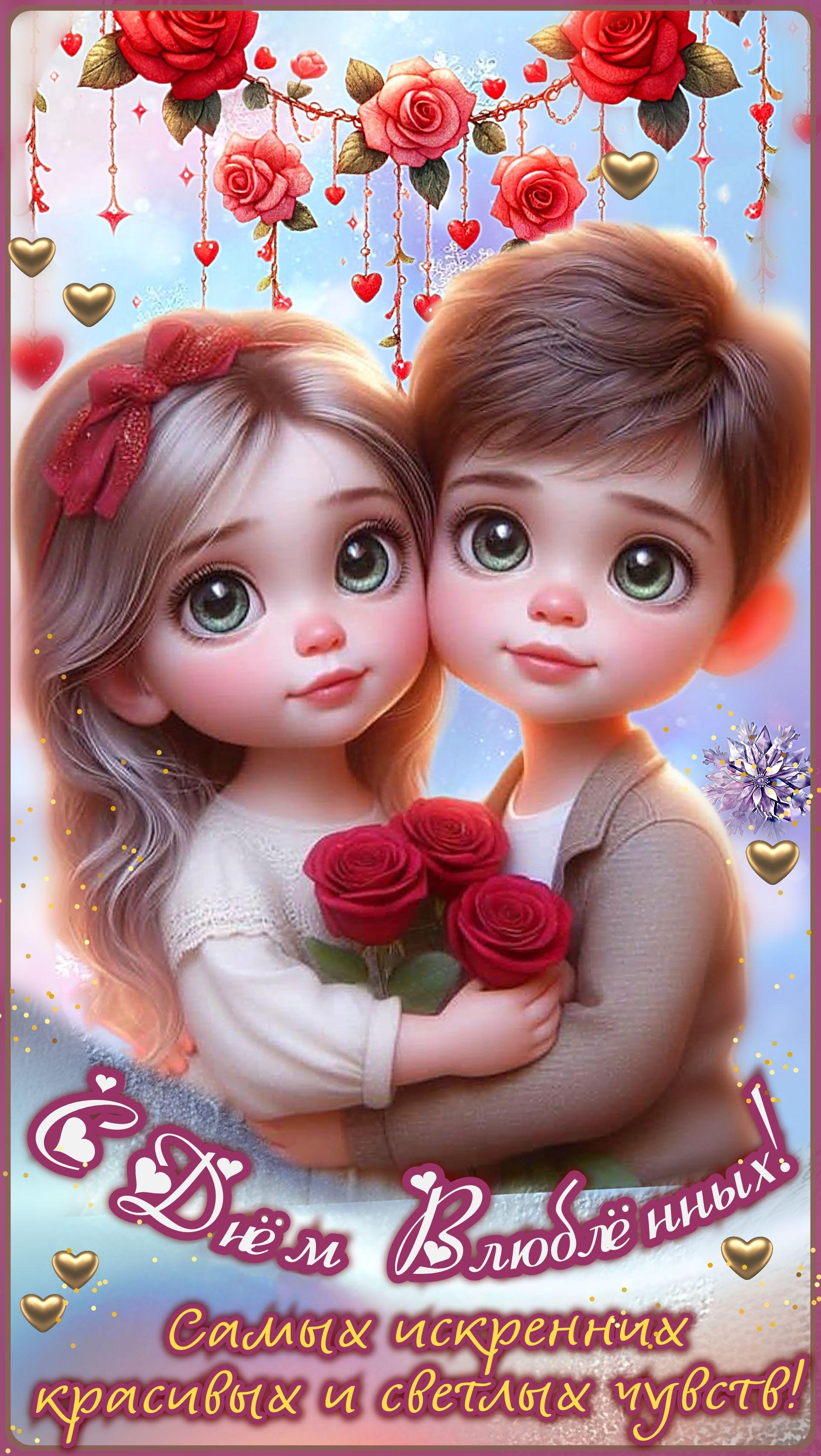 Открытка с днем Святого Валентина 14 февраля. Мальчик с девочкой с цветами, пожелания.