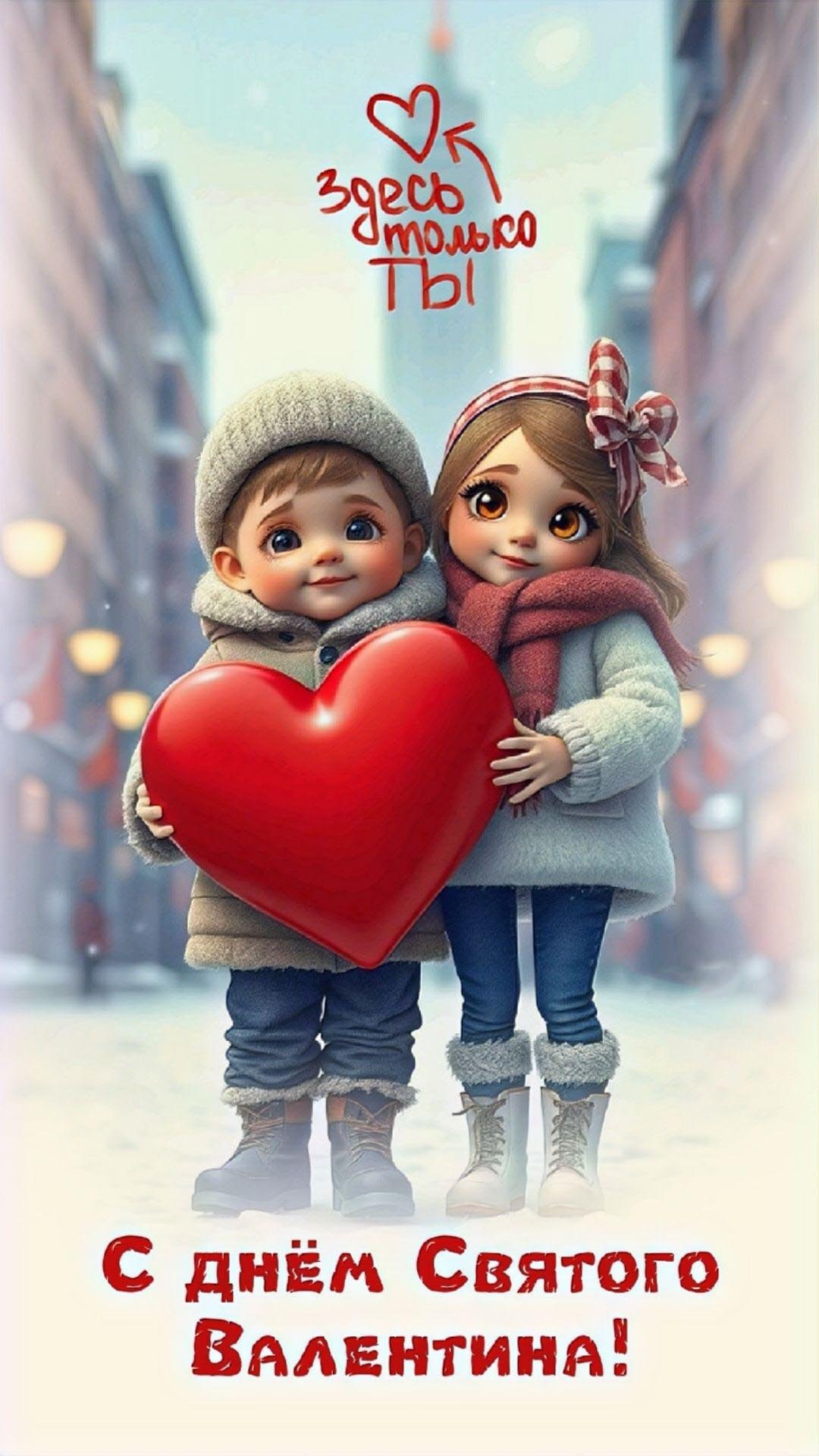 Открытка с днем Святого Валентина 14 февраля трогательная. Мальчик с девочкой с сердцем.