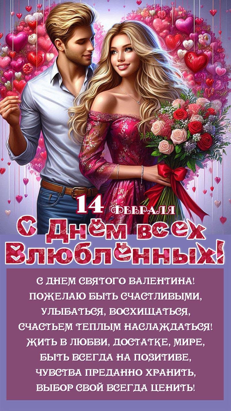 Открытка с днем Святого Валентина 14 февраля современная стильная. Пожелания, парень с девушкой.