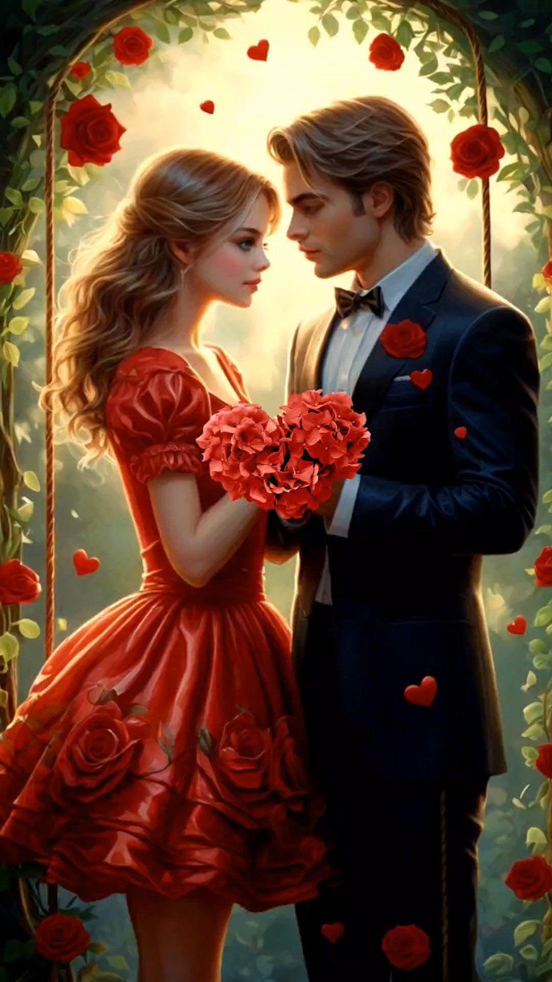 Открытка с днем Святого Валентина 14 февраля. Парень с девушкой, цветы. Без текста.