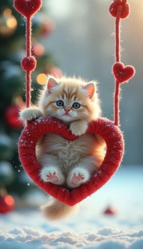 Открытка с днем Святого Валентина 14 февраля. Без текста. Котенок в сердечке.