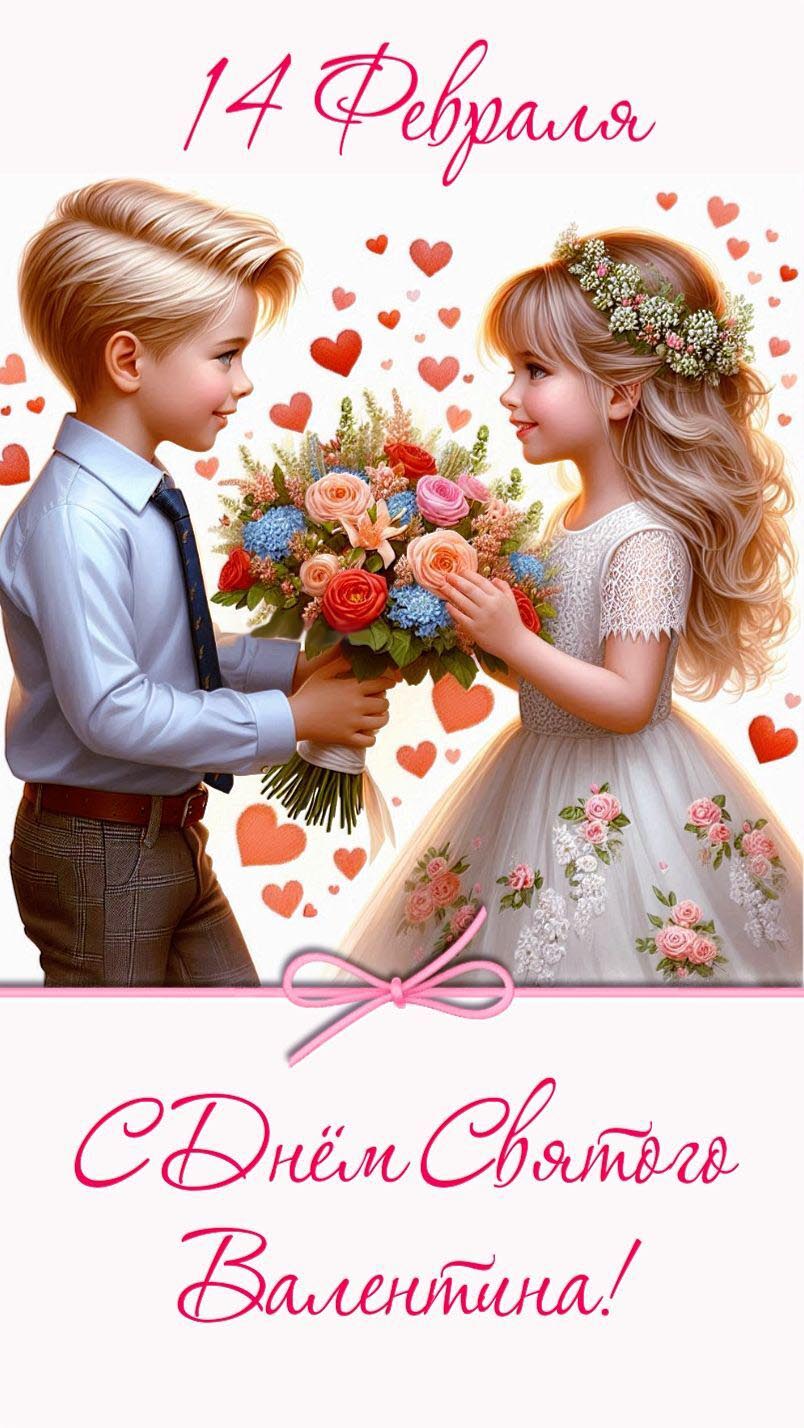 Открытка с днем Святого Валентина 14 февраля современная. Мальчик дарит цветы девочке.