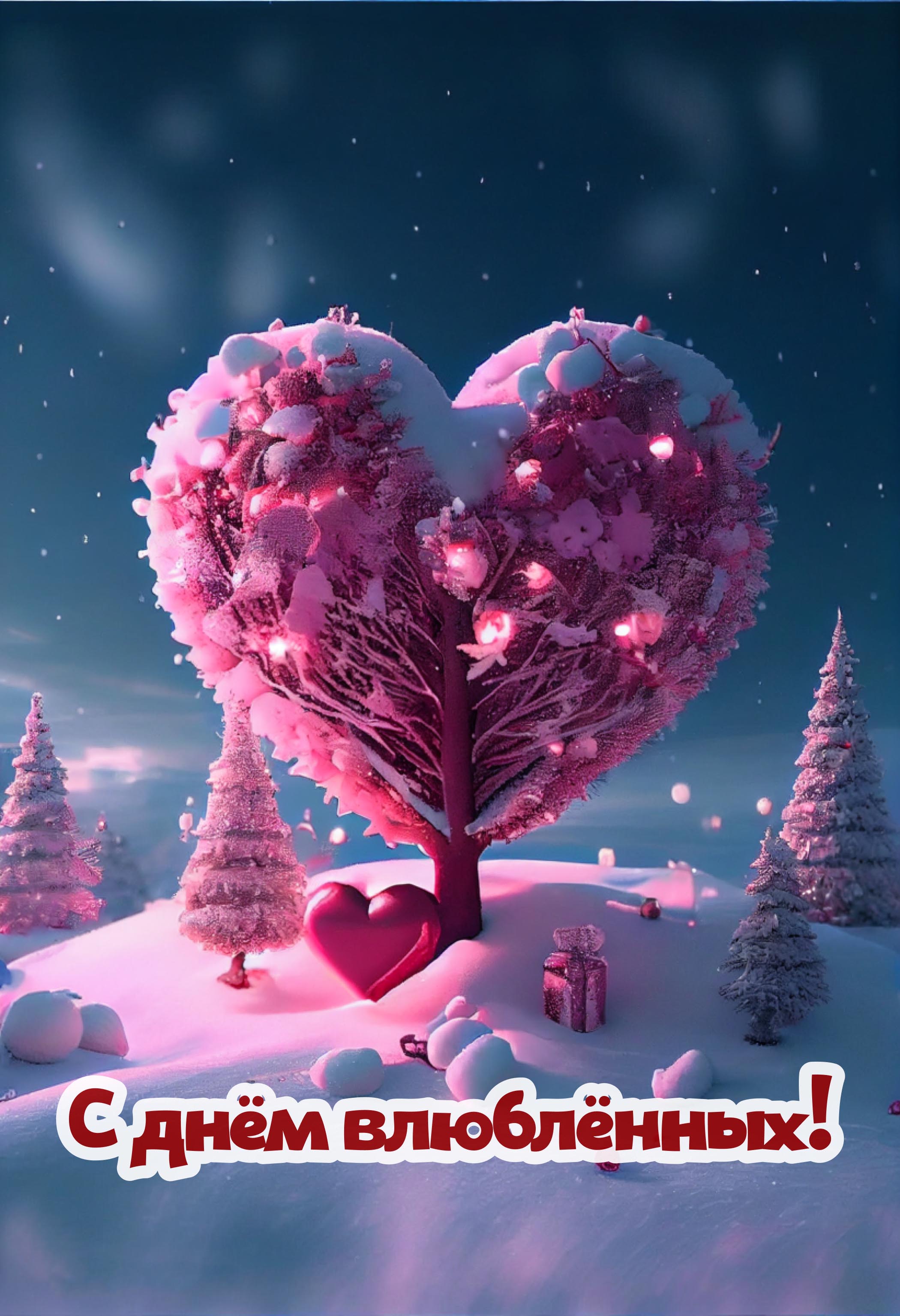 Открытка с днем Святого Валентина 14 февраля. Сердечко в снежном лесу.