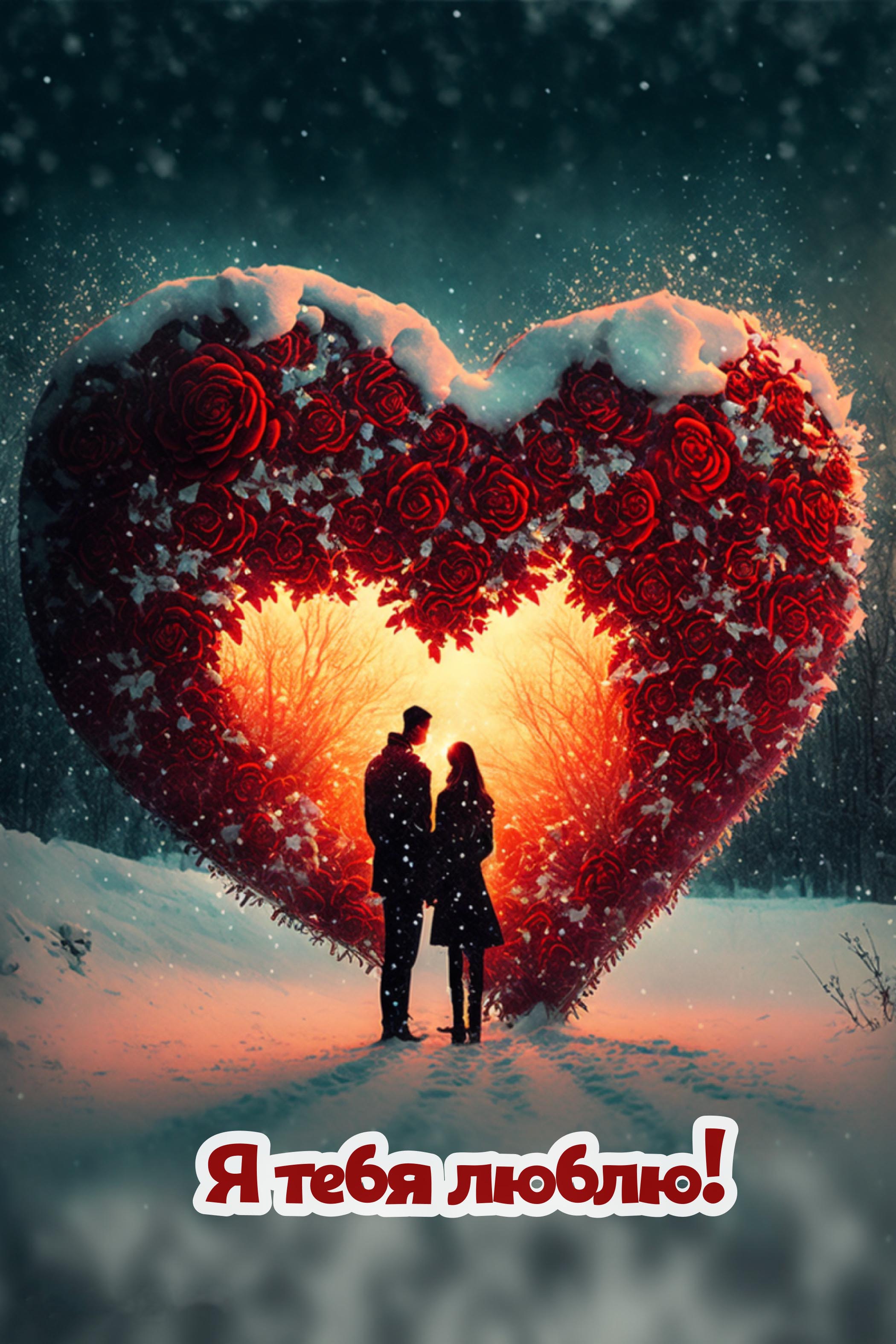 Открытка с днем Святого Валентина 14 февраля. Я тебя люблю. Большое сердце зимней ночью.