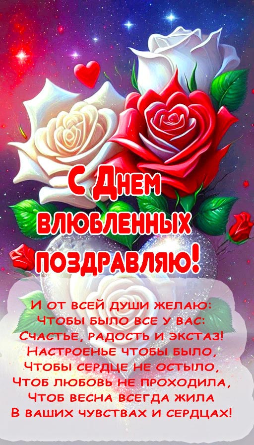 Открытка с днем Святого Валентина 14 февраля. Цветы, сердечки, пожелания.