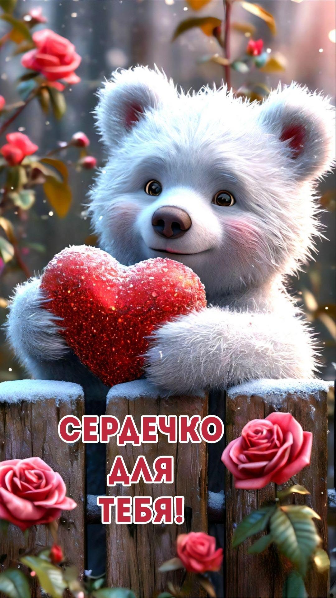 Открытка с днем Святого Валентина 14 февраля. Сердечко для тебя! Мишка, цветы, сердечки.