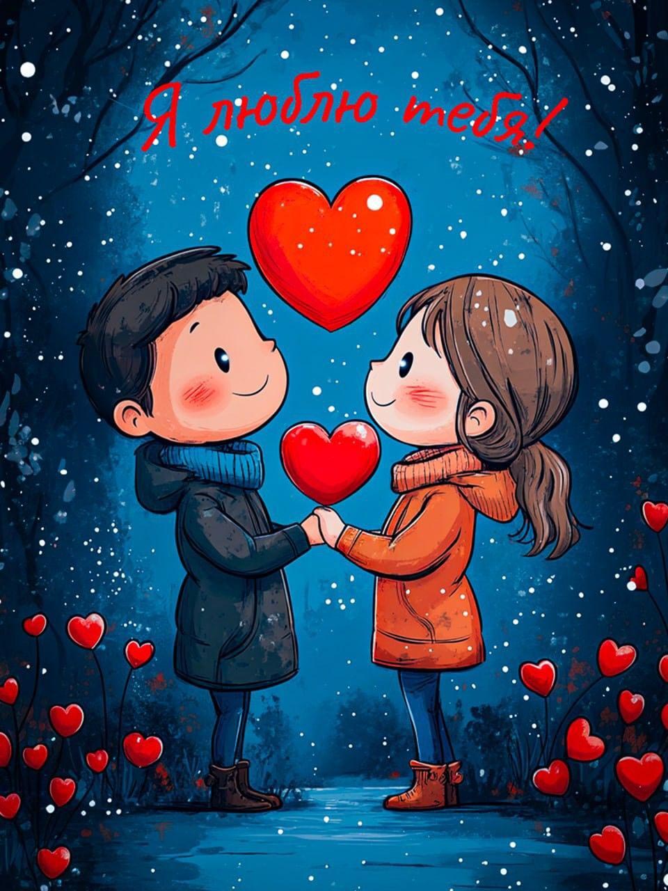 Открытка с днем Святого Валентина 14 февраля. Я люблю тебя! Мальчик с девочкой и сердечки.