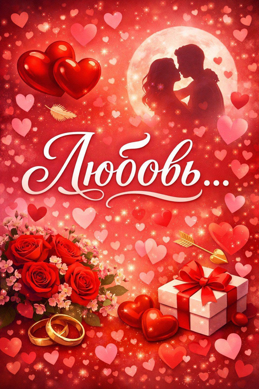 Открытка с днем Святого Валентина 14 февраля. Любовь. Подарки, сердечки.