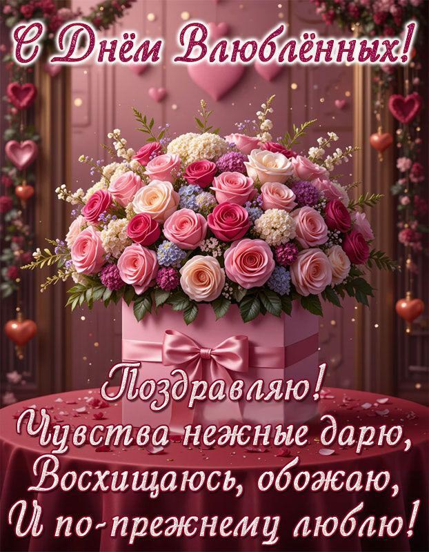 Открытка с днем Святого Валентина 14 февраля. Цветы и пожелания.