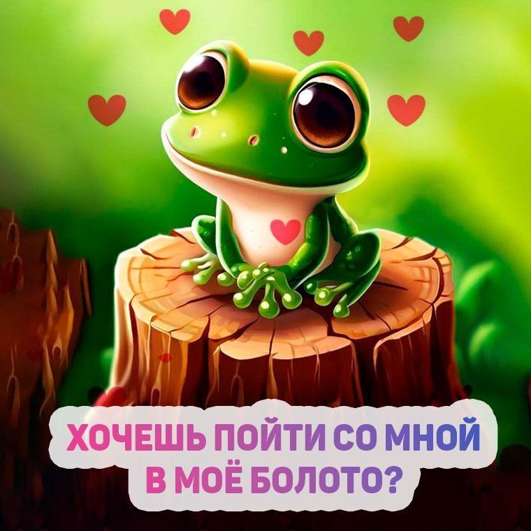 Открытка люблю тебя прикольная с юмором. Пойдешь со мной в мое болото? Лягушка с сердечками.