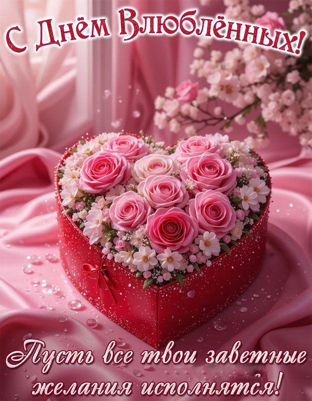 Открытка с днем Святого Валентина 14 февраля. Пожелания, цветы.